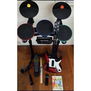Nintendo Wii Wii-U Guitar Hero 5 Band Hero Drum Set Guitar Mic And Game Tested